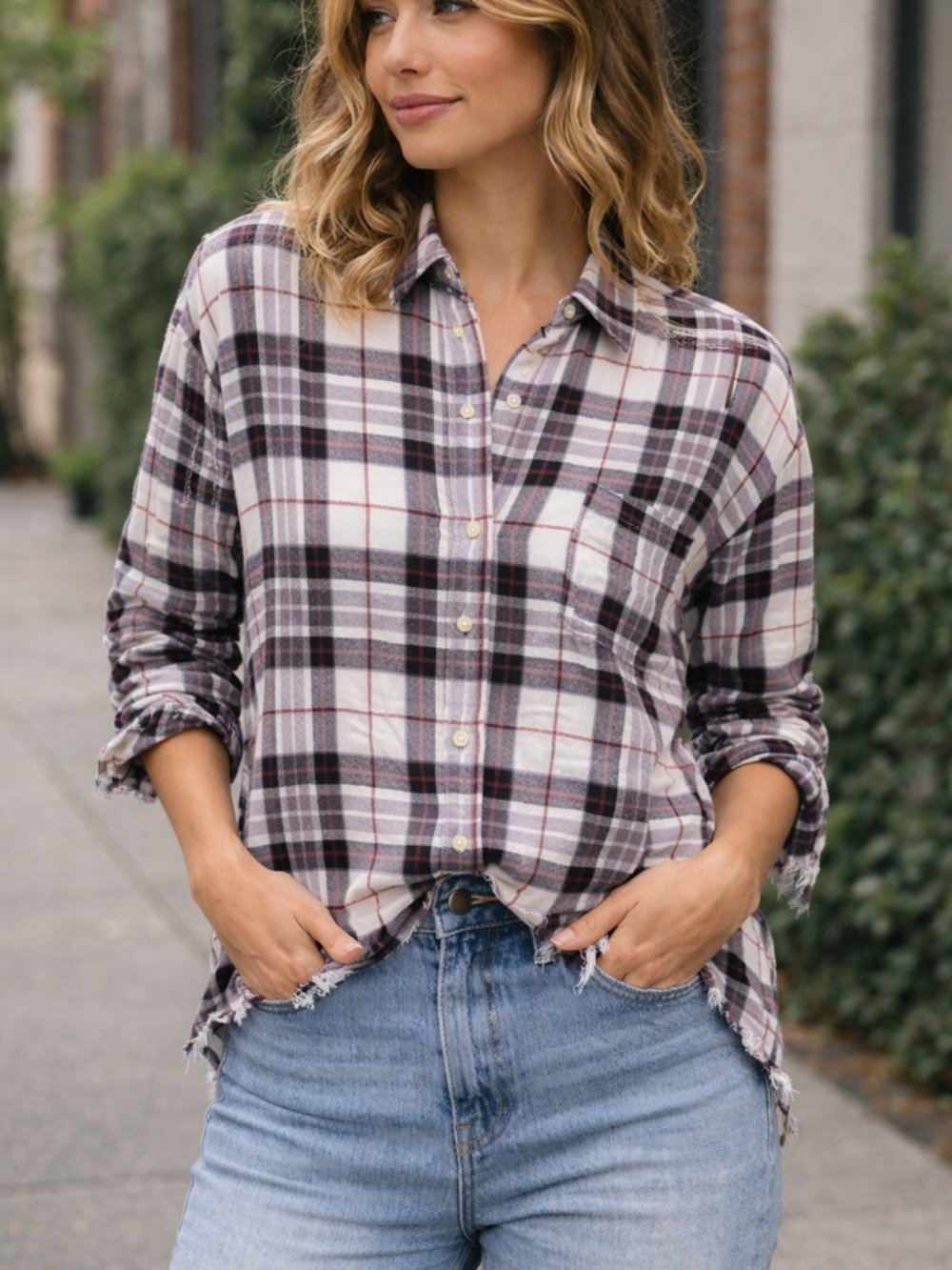 Eddie Bauer Distressed Plaid Button-Down Flannel Shirt